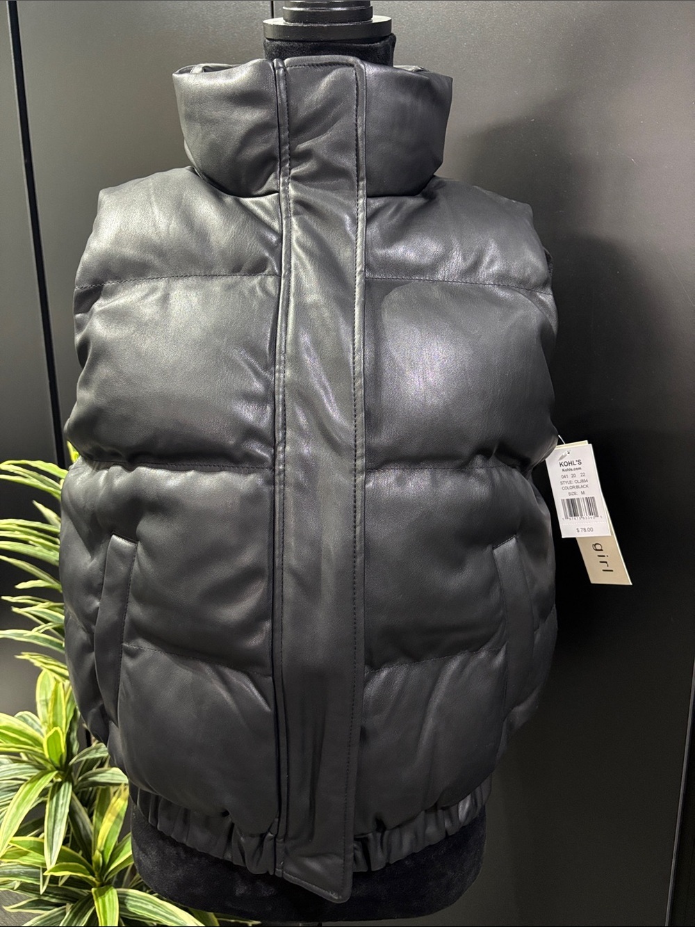 Madden Girl Pleather Puffer Vest,zip & snap up,mock collar,hip zip pockets